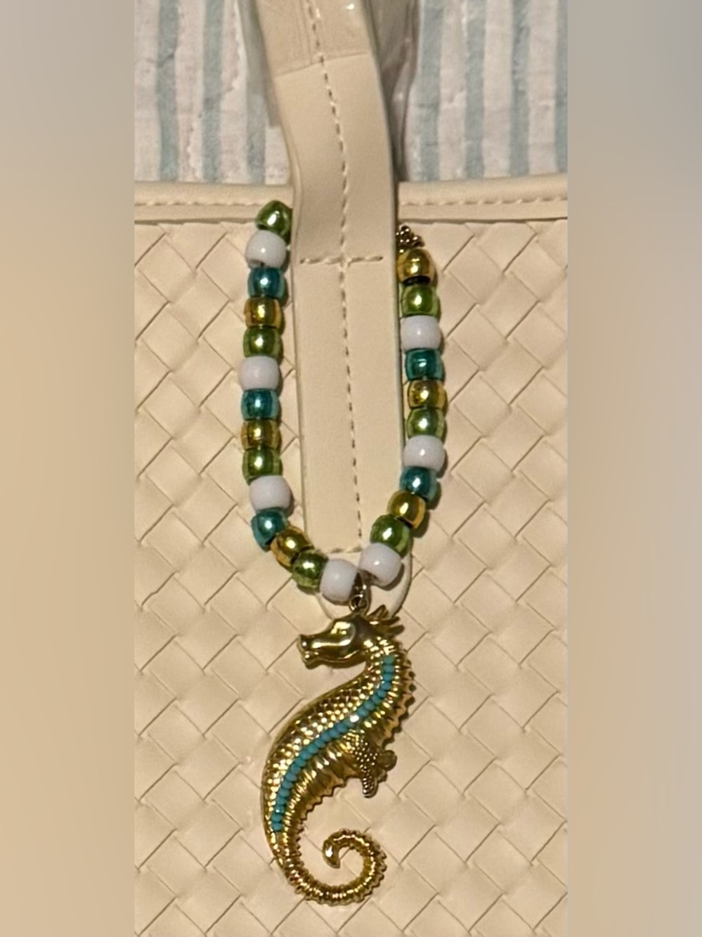 Beaded Seahorse Bag Charm White, Teal & Gold